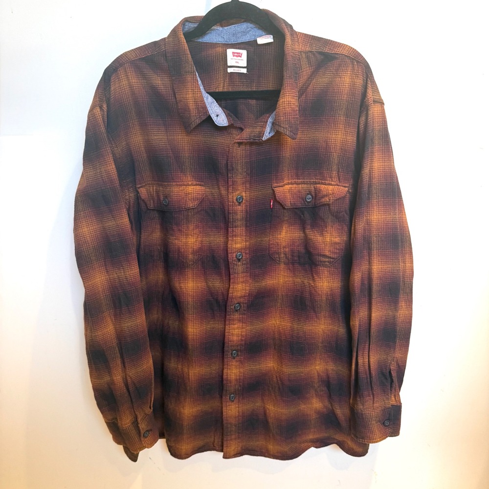 Levis‎ Mens XXL Relaxed Fit Plaid Flannel Shirt Brown Orange Ombre 19587-0266